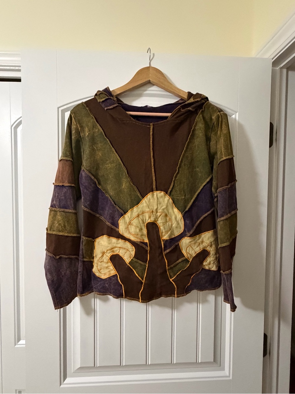 Bohemian Gypsey Rose Patchwork Mushroom  Hoodie- Brown & Olive
